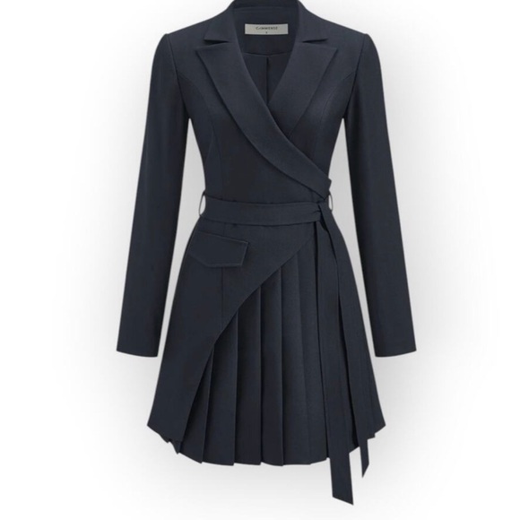 Commense Dresses & Skirts - Commense Tailored Pleated Wrap Dress - Navy